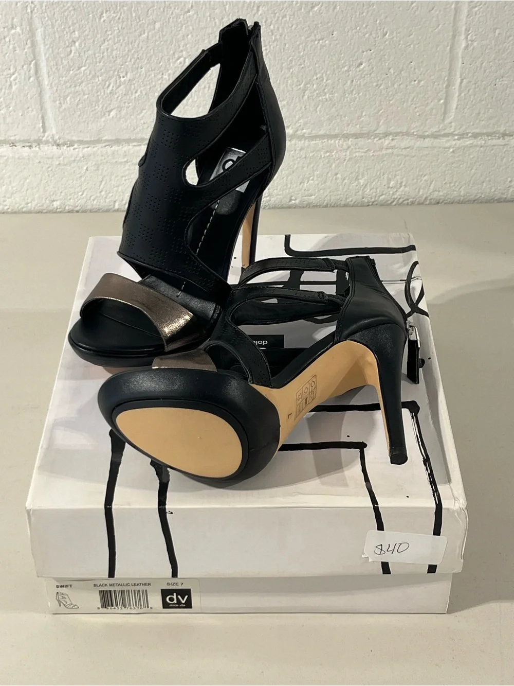 Dolce Vita Black and Metallic Bronze Strappy High Heel Sandals